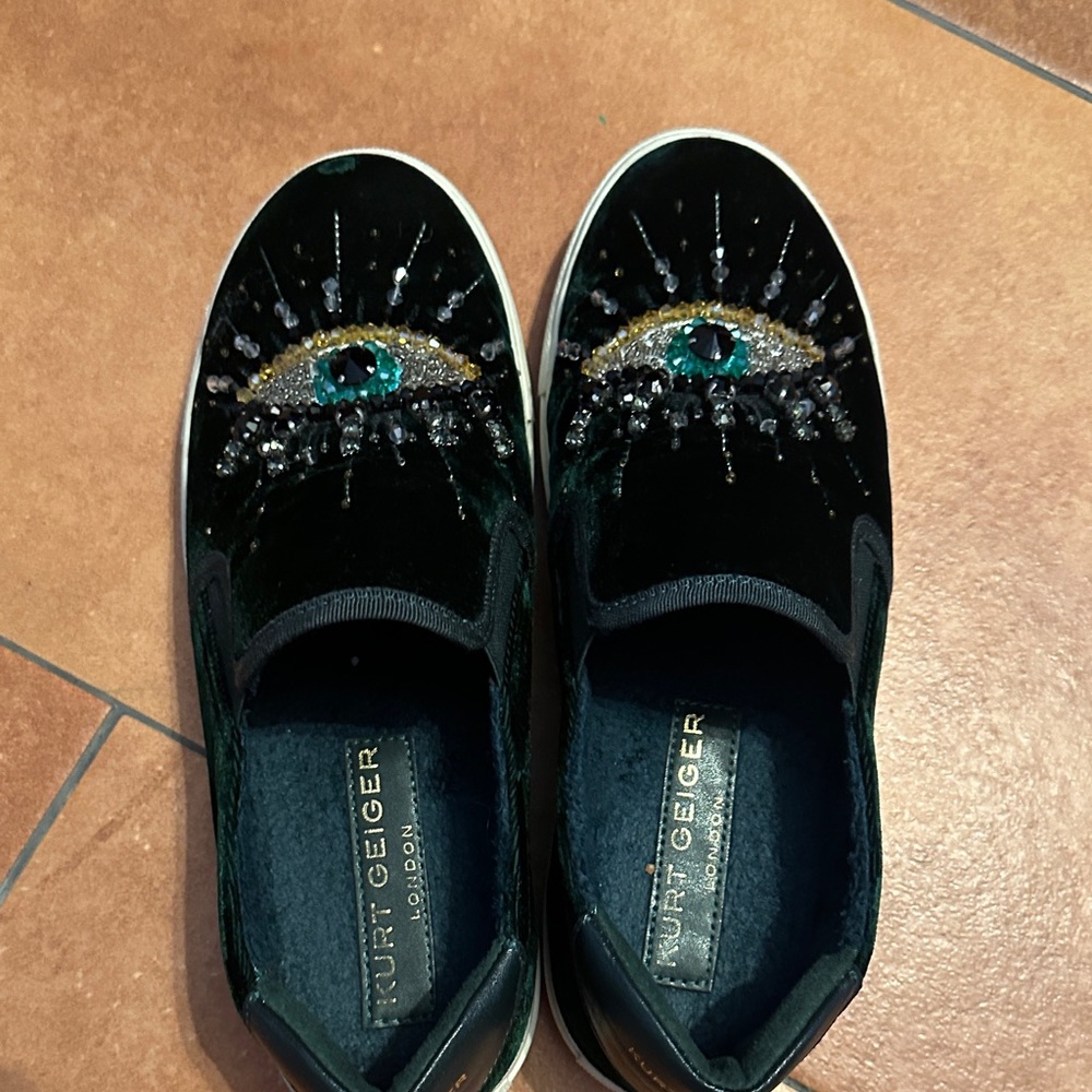 Kurt Geiger Emerald Green and Gold Embellished Slip-Ons